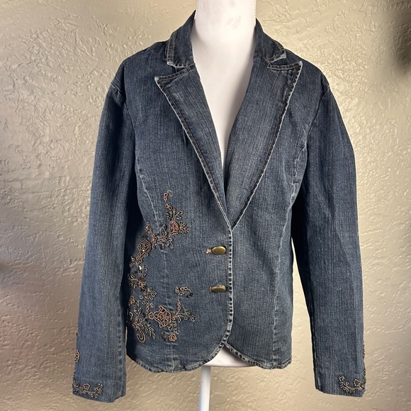 Casual Corner Jackets & Blazers - Casual Corner Dark Blue Embroidered‎ Beaded Jean Jacket 12